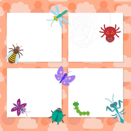 Funny insects set Spider butterfly caterpillar dragonfly mantis beetle wasp ladybugs card design on pink background. Vector illustrationのイラスト素材