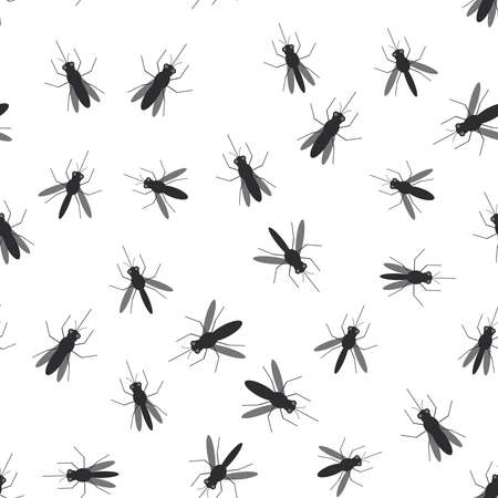 seamless pattern black silhouettes of mosquitoes on white background. Vector illustrationのイラスト素材