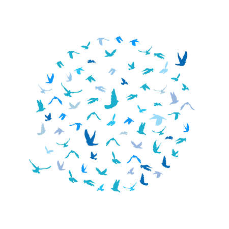 Doves and pigeons set in a circle for peace concept and wedding design. Flying blue birds sketch set. Vector illustrationのイラスト素材