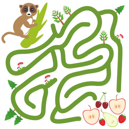 Lemur on the branch and the apple pear strawberry cherry on white background  labyrinth game for Preschool Children. Vector illustrationのイラスト素材