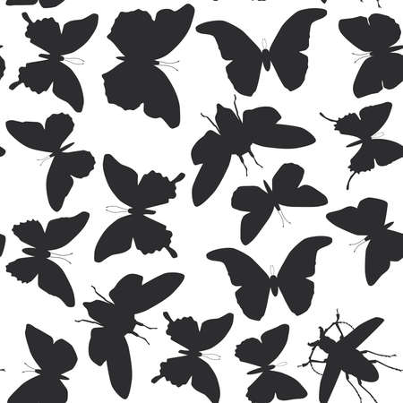 black butterflies cicada set isolated silhouette seamless pattern on white background. Vector illustrationのイラスト素材