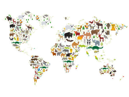 Cartoon animal world map for children and kids, Animals from all over the world on white background. Vector illustrationのイラスト素材