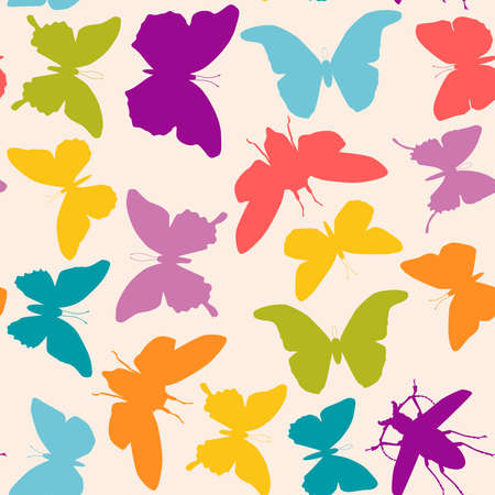 summer pink lilac blue green butterflies set seamless pattern on pink background. Vector illustrationのイラスト素材