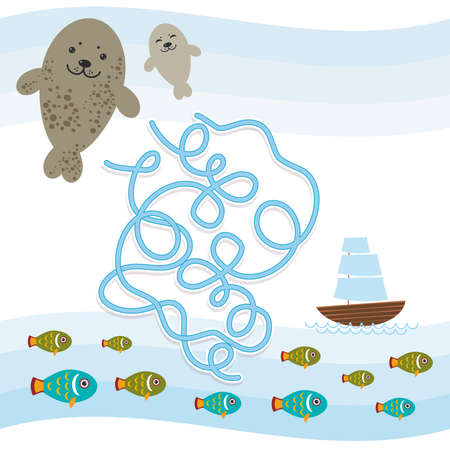 Fur seal Fish and Boat on blue background labyrinth game for Preschool Children. Vector illustrationのイラスト素材