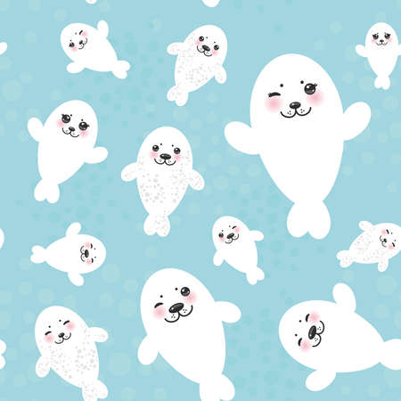 Seamless pattern Funny white fur seal pups, cute winking seals with pink cheeks and big eyes. Kawaii albino animals on blue background. Vector illustrationのイラスト素材