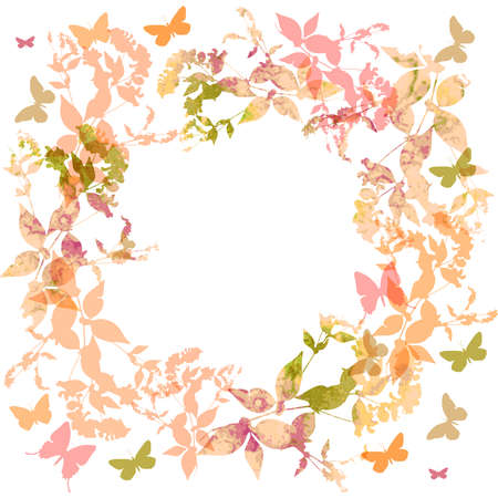 Spring background, Colorful butterflies set wreath with pink leaves, watercolor. Round banner for text. spring summer card design on white background. Vector illustrationのイラスト素材