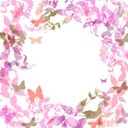 Spring background, Colorful butterflies set wreath with pink lilac leaves, watercolor. Round banner for text. spring summer card design on white background. Vector illustrationのイラスト素材