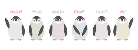 Funny penguins on white background. Hello in English Spanish Italian German French Language. Vector illustrationのイラスト素材