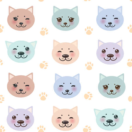 seamless pattern funny cat muzzle and paw prints on white background. Vector illustrationのイラスト素材