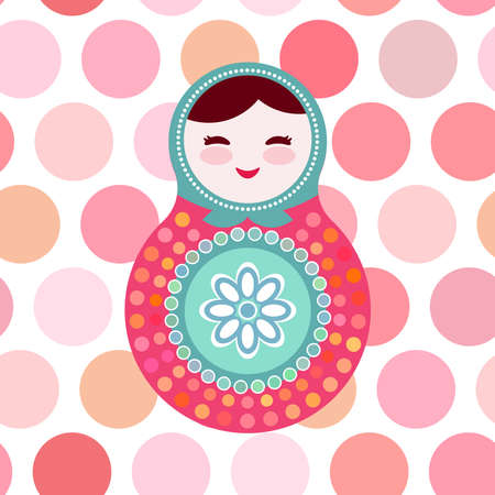 Russian dolls matryoshka on white background, pink and blue colors, card with pink polka dot backgroun. Vector illustrationのイラスト素材