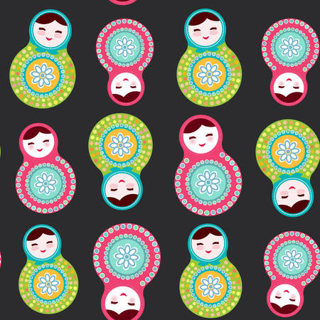 Russian dolls matryoshka on black background, seamless pattern, pink and blue colors. Vector illustrationのイラスト素材
