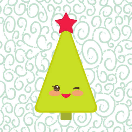 Happy New Year card. Funny green Christmas tree with a red star smiling and winking eye.のイラスト素材