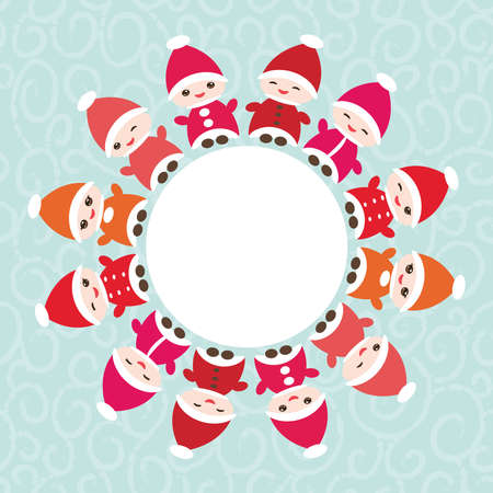Happy New Year card for your text round frame. Funny gnomes in red hats on blue background.のイラスト素材