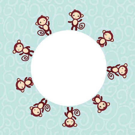 Set of funny brown monkey boys and girls on blue background.のイラスト素材