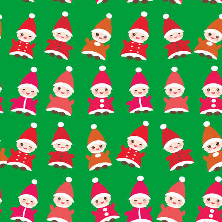 Happy New Year Funny gnomes in red hats seamless pattern on green background.のイラスト素材