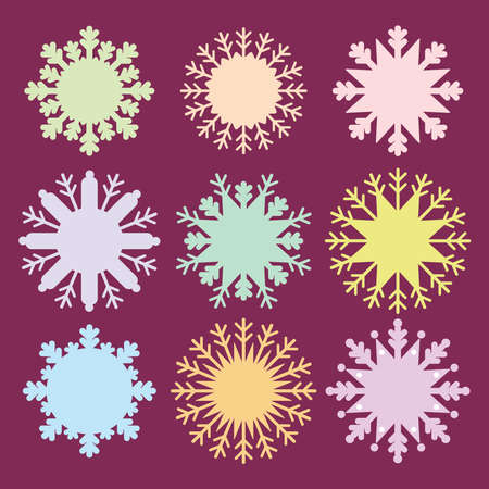 Christmas card design snowflake set blue mint orange pink lilac on burgundy dark purple background. Vector illustrationのイラスト素材
