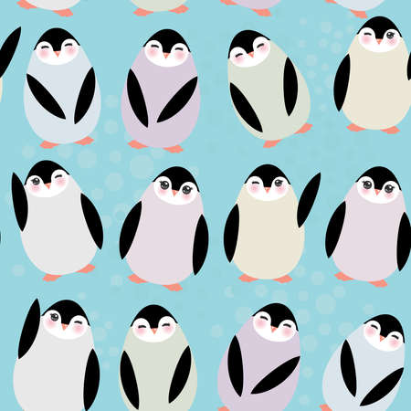 Funny penguins on blue background seamless pattern. Vector illustrationのイラスト素材