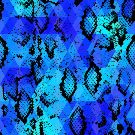 Snake skin texture  with colored rhombus. Geometric background. Seamless pattern black blue background, colorful psychedelic geometric mosaic ornament triangle. Vector illustrationのイラスト素材