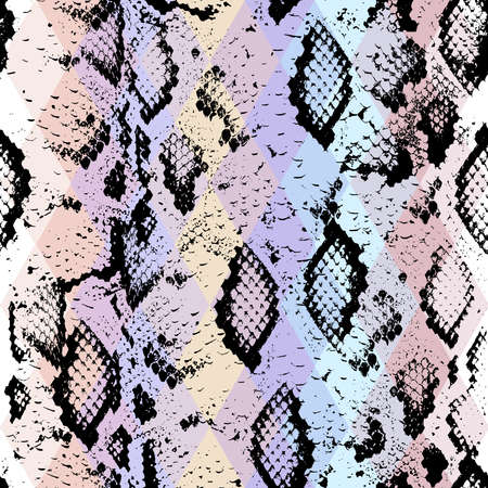 Snake skin texture  with colored rhombus. Geometric background. Seamless pattern black purple blue pink background, colorful psychedelic geometric mosaic ornament triangle. Vector illustrationのイラスト素材