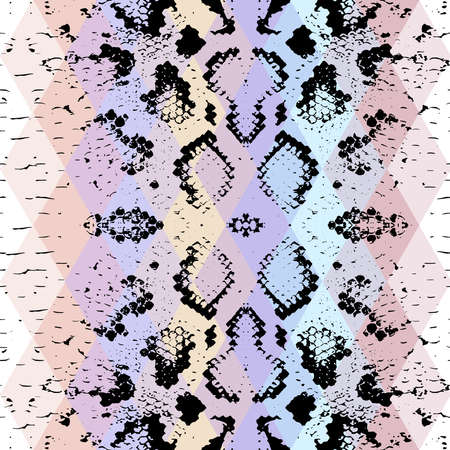Snake skin texture  with colored rhombus. Geometric background. Seamless pattern black purple blue pink background, colorful psychedelic geometric mosaic ornament triangle. Vector illustrationのイラスト素材
