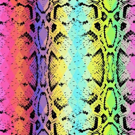 Snake skin texture  with colored rhombus. Geometric background. Seamless pattern black rainbow blue...