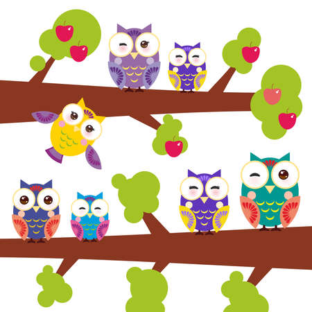 set bright colorful owls on the branch of apple-tree with red apples on white background.のイラスト素材