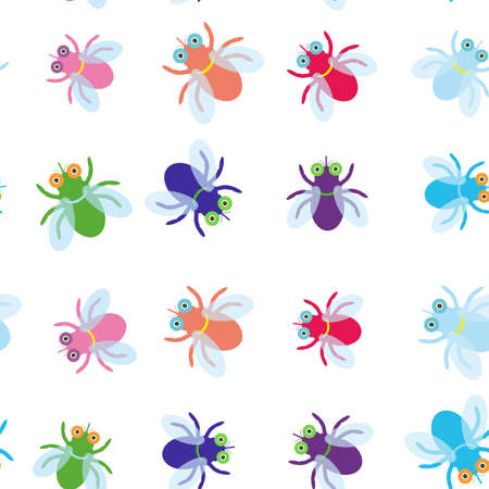 Seamless pattern Funny fly colorful red green blue violet pink with transparent wings on white background. Vector illustrationのイラスト素材