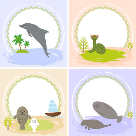 dolphin, snake, manatees, seals, set of cards design  with funny animals, template banner for your text with round frame.のイラスト素材
