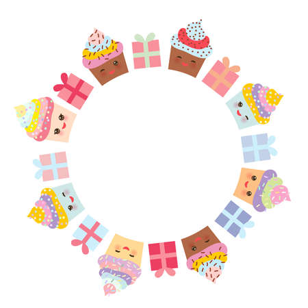 Card design with round frame, Cupcake Kawaii funny muzzle with pink cheeks and winking eyes, pastel colors on white background. Vector illustrationのイラスト素材