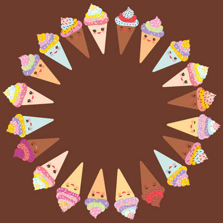 Card design for your text, banner template with round frame, Kawaii funny Ice cream waffle cone, muzzle with pink cheeks and winking eyes, pastel colors on chocolate brown background. Vector illustrationのイラスト素材