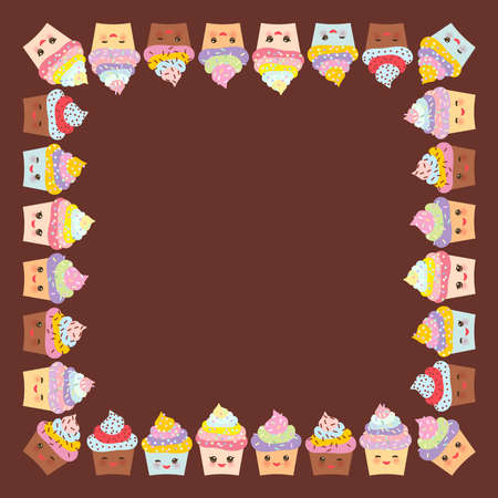 Card design for your text, banner template with square frame, Cupcake, muzzle with pink cheeks and winking eyes, pastel colors on chocolate brown background. Vector illustrationのイラスト素材