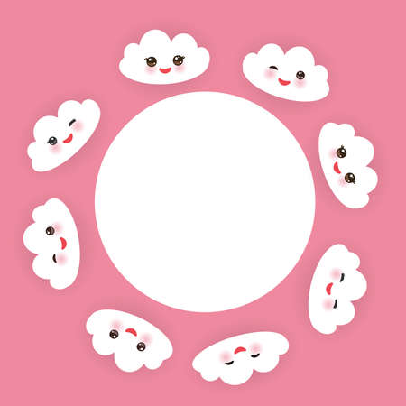 Kawaii funny white clouds set, muzzle with pink cheeks and winking eyes. round frame on pink background. Vector illustrationのイラスト素材