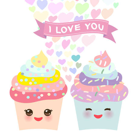 I love you Card design with Cupcake Kawaii funny muzzle with pink cheeks, pastel colors on white background. Vector illustrationのイラスト素材