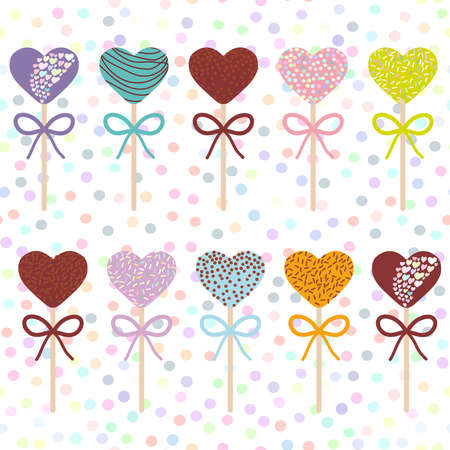 Colorful Sweet Cake pops hearts set with bow isolated, pastel colors on white polka dot background. Vector illustrationのイラスト素材