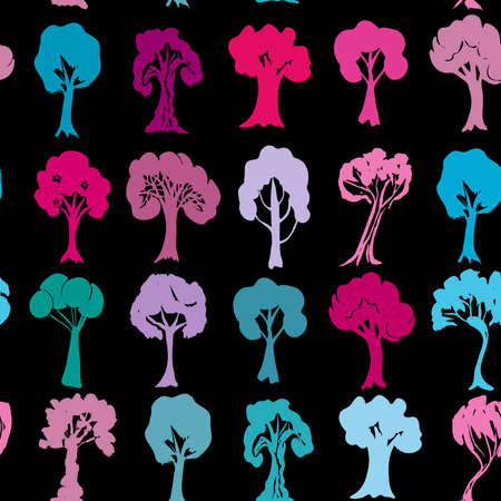 Seamless pattern Set of violet purple blue pink trees silhouettes on black background. Vector illustrationのイラスト素材