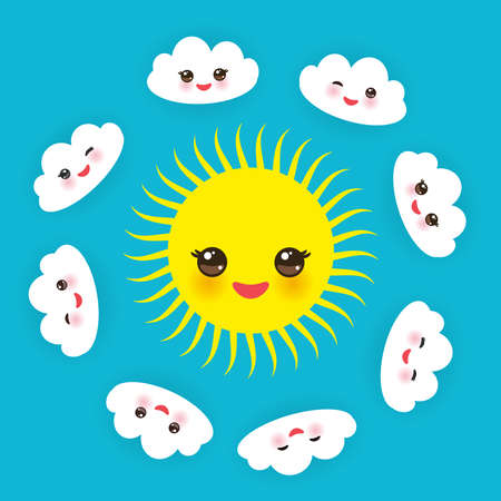 Kawaii funny yellow sun, white clouds set, muzzle with pink cheeks and winking eyes on blue background. Vector illustrationのイラスト素材