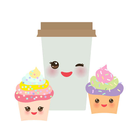 Take-out coffee in Paper thermo coffee cup with brown cap, cupcake. Kawaii cute face with eyes and smile  Isolated on white background. Vector illustrationのイラスト素材
