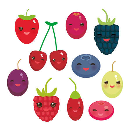 Kawaii Cherry Strawberry Raspberry Blackberry Blueberry Cranberry Cowberry Goji Grape Fresh juicy berries on white background. Vector illustrationのイラスト素材