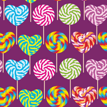 colorful seamless pattern, candy lollipops, spiral candy cane. Candy on stick with twisted design on purple dark violet background. Vector illustrationのイラスト素材
