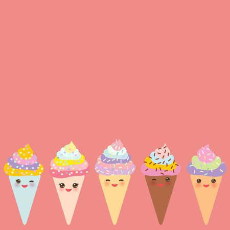 Card design for your text, banner template, Kawaii funny Ice cream waffle cone, muzzle with pink cheeks and winking eyes, pastel colors on pink background. Vector illustrationのイラスト素材