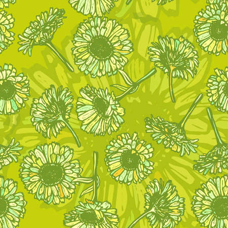 summer calendula flowers, sketch, dark green outline on green background. Vector illustrationのイラスト素材