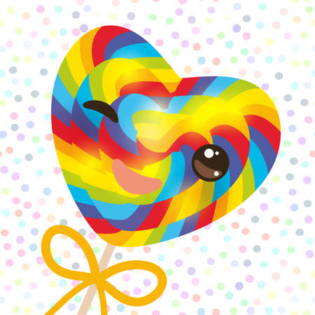 Kawaii with pink cheeks winking eyes, Valentine's Day Heart shaped candy lollipop with bow, bright rainbow stripes, colorful spiral candy cane. white abstract retro polka dot background. Vector illustrationのイラスト素材