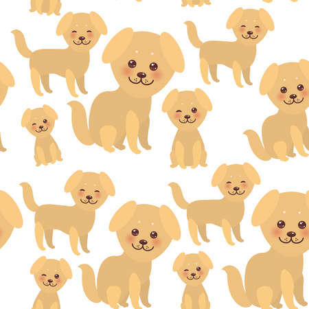 seamless pattern Kawaii funny golden beige dog, face with large eyes and pink cheeks, boy and girl isolated on white background. Vector illustrationのイラスト素材