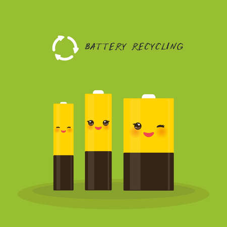 battery Recycling, set of three batteries smiling and winking eye. Vector illustrationのイラスト素材