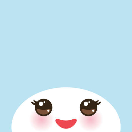 Kawaii funny white muzzle with pink cheeks and eyes on light blue background. Vector illustrationのイラスト素材