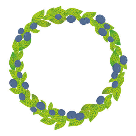 Round wreath with green leaves and blueberry, bilberry, whortleberry Fresh juicy berries isolated on white background. Vector illustrationのイラスト素材