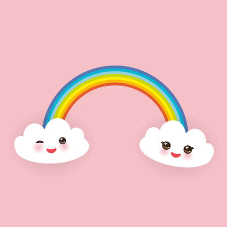 Kawaii funny white clouds set, muzzle with pink cheeks and winking eyes, rainbow on light pink background. Vector illustrationのイラスト素材