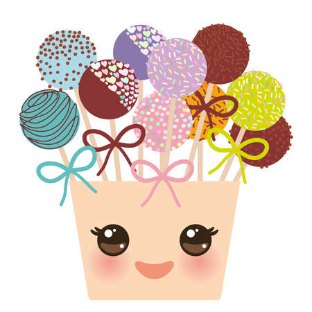 cute funny kawaii  Colorful Sweet Cake pops set with bow in a pink bucket isolated on white background. Vector illustrationのイラスト素材