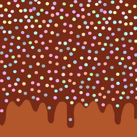 Dripping Melted chocolate Glaze with sprinkles. Brown background for your text. Vector illustrationのイラスト素材