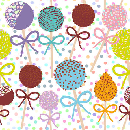 seamless pattern Colorful Sweet Cake pops set with bow isolated on white polka dot background. Vector illustrationのイラスト素材